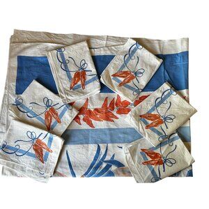 Vintage Southwest Tablecloth & 6 Napkins Set Blue & Orange Cotton Chilis Corn